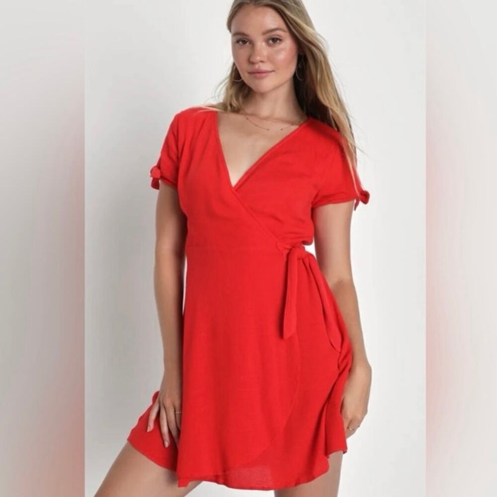 Lulus My Philosophy Red Wrap Short Sleeve V-Neck Mini Dress Women’s Size XS